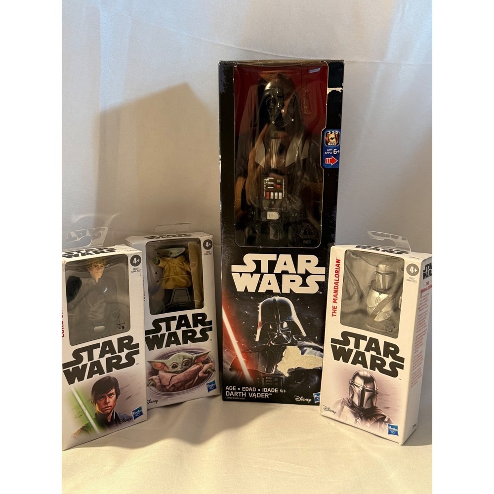 Lot of 4 Star Wars Figures Darth Vader Luke Skywalker Grogu Mandalorian Hasbro